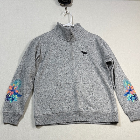 PINK Victoria's Secret Sweaters - PINK Victoria's Secret Gray Sweater with Colorful Sleeve Design